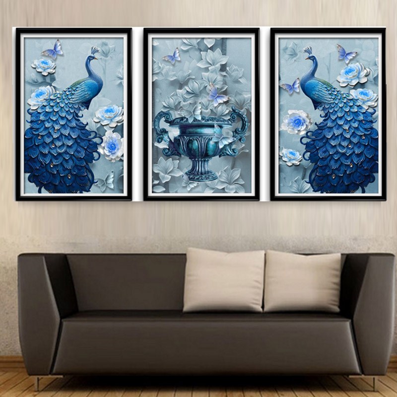 十字绣钻石绣5d钻石画满钻孔雀三联画砖石秀客厅大幅