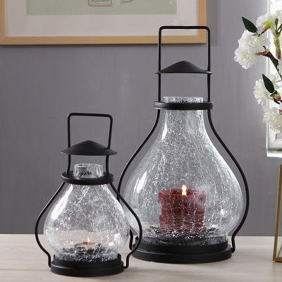 Modern simple rural hand - held iron lantern ice - crack lamp candle table decoration