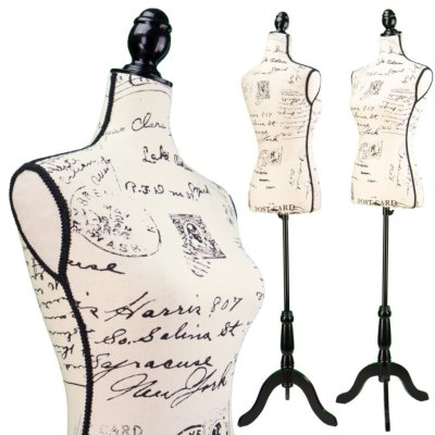 Female Postage print vintage-style fabric Mannequin Dress Form (On Black Tripod Stand)