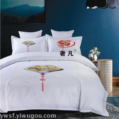 Deluxe high quality hotel tourist resort printed four-piece hotel bed sheets cover