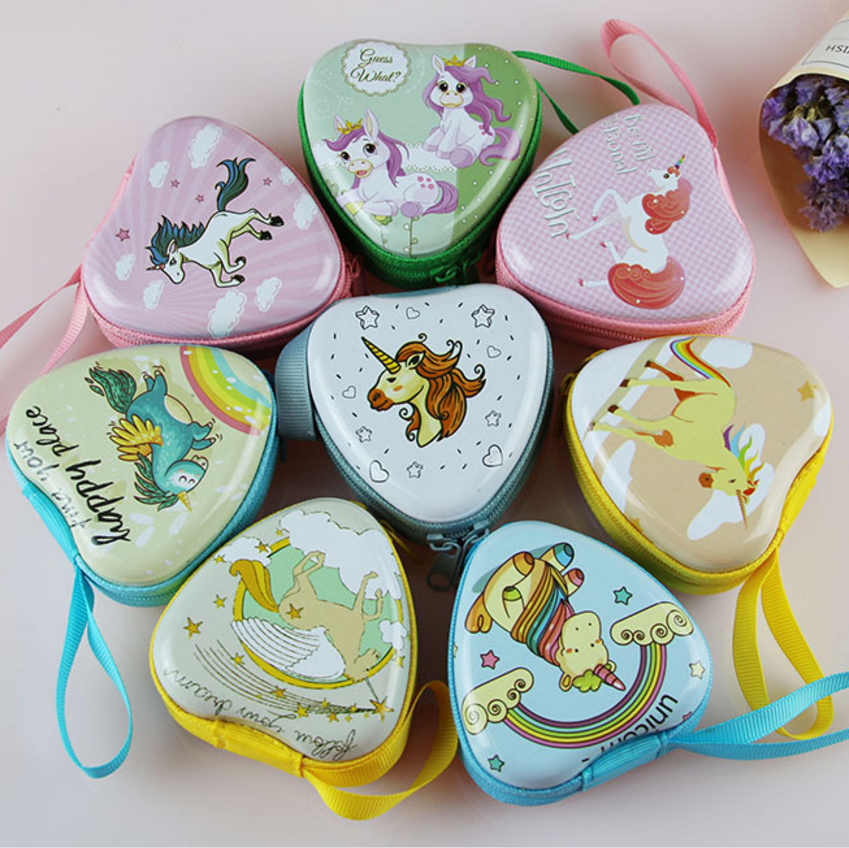 独角兽马口铁零钱包 爱心形耳机收纳包 桃心硬币包