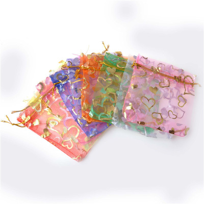 Spot Gold Stamping Peach Heart Yarn Bag Jewelry Sachet Gift Bag Wedding Wedding Candy Bag Organza Transparent Mesh Bag