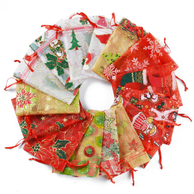 Christmas Gauze Bag Wholesale Christmas Gift Storage Gauze Bag Organza Drawstring Pull String Gauze Bag Customization