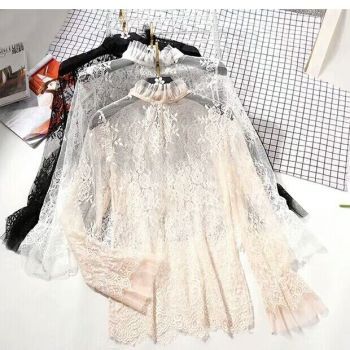 Spring new thin hook flower hollow-out inside build a net head net yarn long-sleeved vertical collar lace base blouse