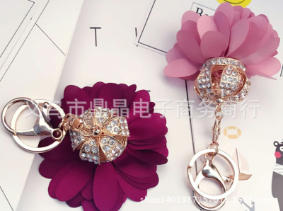 Korean gold crown petals set with the rhinestones hand-made cloth flowers car key chain female bag pendant modification