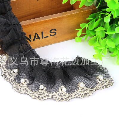 New black lace fabric high grade hand inlaid pearl embroidery lace diy home textile clothing accessories wholesale