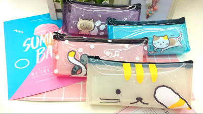 Japanese and Korean Simple Cat Transparent Jelly Pen bag small Animal Small Fresh pink girl heart large capacity Pen box