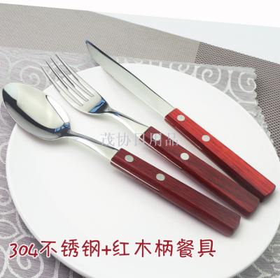Red Wooden Handle Steak Knife and Fork Fruit Fork Dessert Spoon Western Restaurant Western Food Knife, Fork and Spoon Suit 304 Stainless Steel