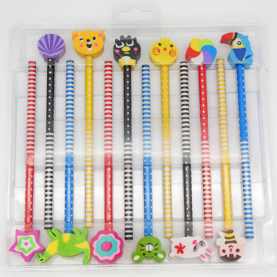 twelve pencils with cartoon animal eraser set for kids