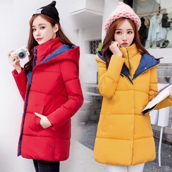 Winter Korean version with a hat trim show thin women in a long down cotton jacket jacket