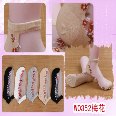 FUGUI rich summer ladies glass silk boat socks combed cotton base plum-cotton fashion stockings