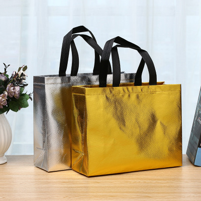 Manufacturer Gold and Silver Color Folding Non-Woven Handbag Color Printing Laminated Non-Woven Bag Laser Bag Environmental Protection Gift Bag