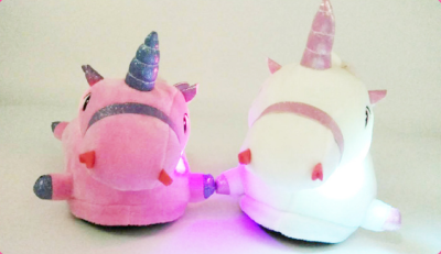 Winter new fashion cute cartoon warm unicorn with LED plush slippers creative home