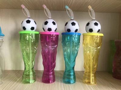 Plastic creative soccer drink bottle straw drinking cup