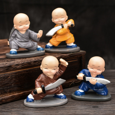 Set of 4 Car Ornaments with Big Knife Little Monk Car Resin Kung Fu Monk Crafts Ornaments