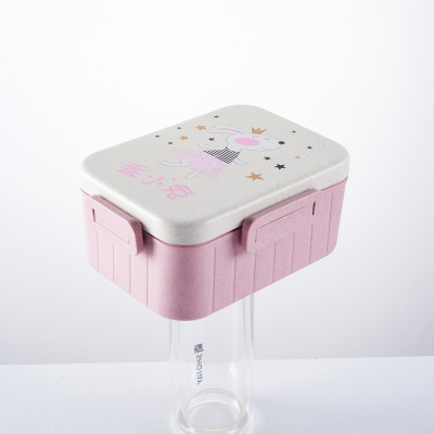 Cartoon lunch box, wheat straw lunch box, Korean lunch box, sealing the student's lunch box with cover and plate