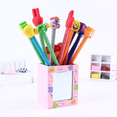 Creative mirror design pencil holder with flash powder pencil combination set in various colors and styles