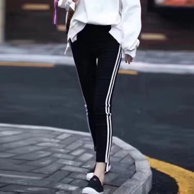 Europe station spring summer stretch sports pants pencil 9 minute foot leggings female white side stripe outside wear thin show thin