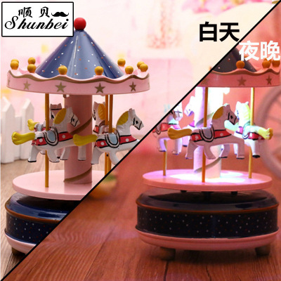 Creative gift wooden crafts home accessories new LED lamp merry-go-round music box wholesale agent