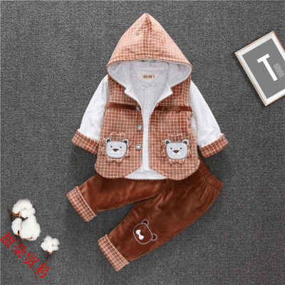 2018 red mud rabbit children 24 months spring and autumn coats autumn and winter plaid bear head three suits