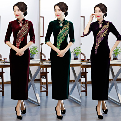 2018 hot style autumn and winter velvet applique lace drill long qipao fashion beauty style long qipao