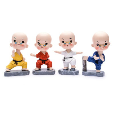 New Car Decoration Shaking Head Monk with Glasses Shaolin Kung Fu Monk Martial Arts Boxing Resin Crafts