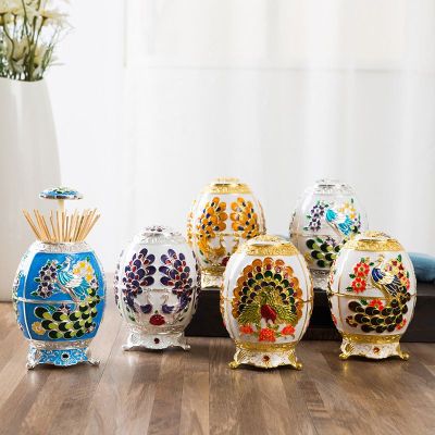 Alloy toothpick tube peacock painted toothpick box table furniture hotel supplies furnishing crafts