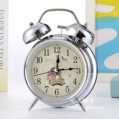 Metal 4-Inch Electroplated Silver Vintage Flower Tower Surface Student Children Bell Night Light Alarm Clock Fashion Home Department Store