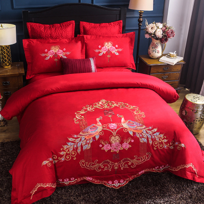 All - cotton wedding celebration four piece set red - high - end cotton bed linen lovers bedding wedding festive red cover pillowcase