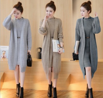 Autumn and winter women's sweater two sets of sweater cardigan jacket in a long vest dress