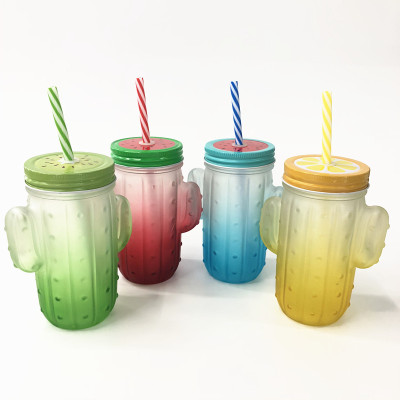 Frosted colored cactus glass bottle drink juice bottle fruit with straw cover