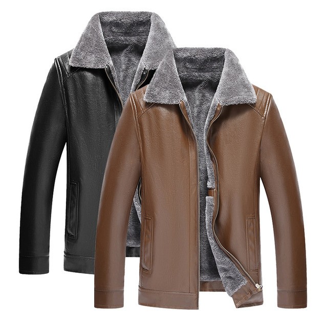 爸爸皮衣加绒加厚外套男秋冬装中年皮夹克休闲外套保暖皮衣男冬季
