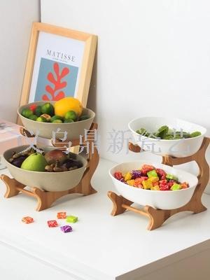 Ceramic fruit tray creative modern household Nordic simple style large double fruit basket bamboo base