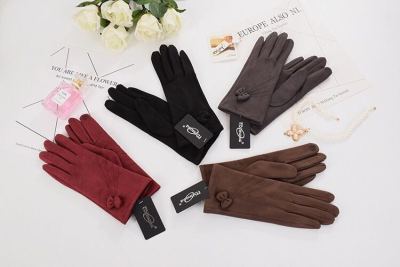 Korea new qiu dong sweet bowknot suede adds velvet to keep warm to divide to point to five finger glove female touch screen stretch outdoors