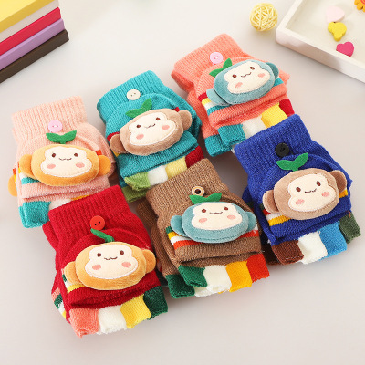 Cloth art workshop cute cartoon monkey children knitted gloves flap half finger bag refers to dual-purpose warm gloves