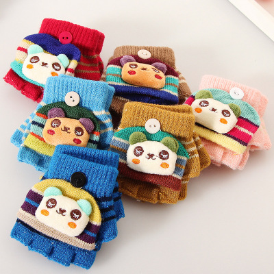 Children's winter flip warm gloves half finger writing Children knitted cartoon head gloves double purpose