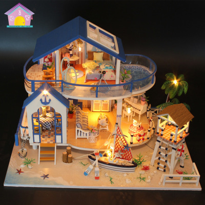 Manufacturer direct sales hongda creative diy toys blue sea legend cross-border wooden flash mini house assembly