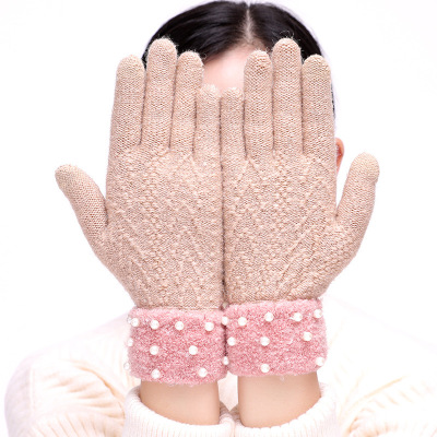 Ladies fashion pearl wool mouth warm gloves wavy jacquard winter finger five finger knitting wool gloves women