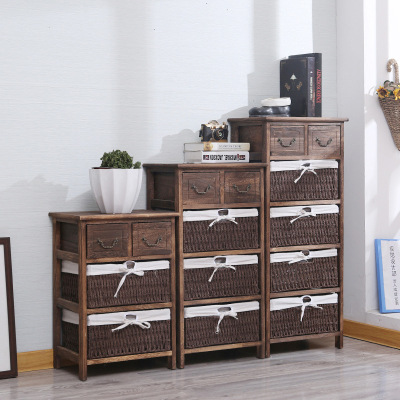 Wholesale American Korean Style Pastoral Furniture Living Room Hotel Fabric Woven Storage Cabinet Wooden Chest of Drawers Bedside Table