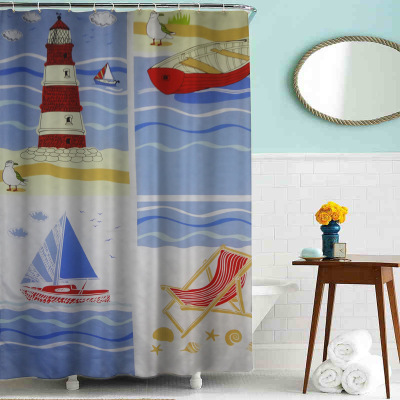 Classic sailboat beach polyester small curtain waterproof thickening mildew proof factory export can be customized buckle, cooper