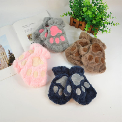 New 8-15 years old children's cute Korean version of cat paw gloves with velvety thickened finger dew sweet cartoon warm gloves