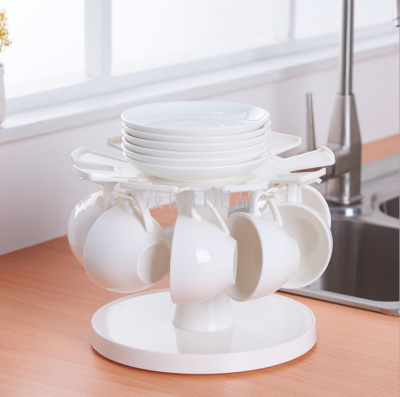 Japanese-Style Cup and Saucer Storage Rack Rotatable Tea Set Stand Cup Holder Bowl and Saucer Storage Rack Kitchen Storage Shelf Coffee Cup Rack