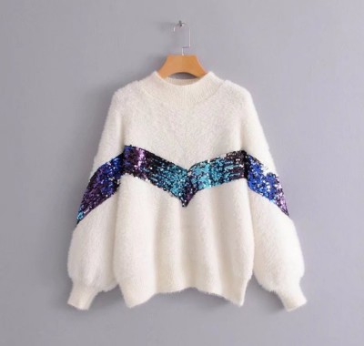 Mohair sequined sweater women's pullover with half-high neck loose bottom knit sweater coat