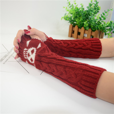 Autumn and Winter Korean Style Skull Mid-Length Knitting Oversleeve Men's and Women's Outdoor Sports Cycling Warm Half Finger Gloves Personality
