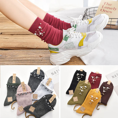 New socks female autumn winter Japan and Korea pearl cotton socks vertical bar curl edge double needle pile vintage high