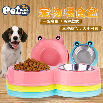 Manufacturer direct shot cartoon frog pet bowl 2 in 1 stainless steel bowl dog cat to use anti - skid and bite