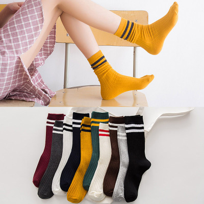 Autumn and winter new two bars cotton women stacked socks college wind double needle in the sock factory wholesale