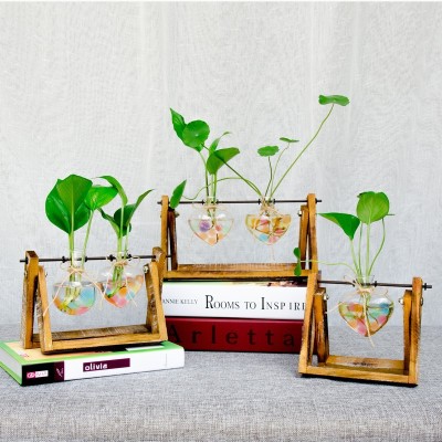 Creative wooden stand aquatics container, glass flower vase, living room, flask, office desk decoration and decoration