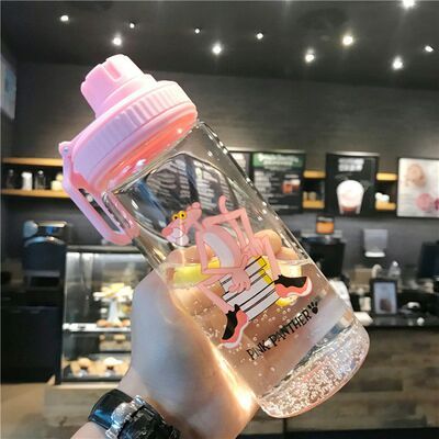 H59-8063 Glass High Temperature Resistant Portable Pink Panther Sports Cartoon Drinking Cup Outdoor Glass 500ml
