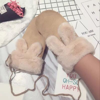 Korean suede plus velvet plus thick finger gloves cute fashion rabbit ears fur mouth students ride outdoors